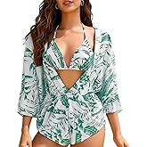 Bolsamila 3 Piece Swimsuits for Women Sexy Leaf Print Bikini Set Mesh Cover Up Tropical Swimsuits XS-XXL