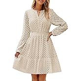 ZESICA Women's 2026 Long Sleeve Mini Dress Fall V Neck Hollow Out Eyelet Embroidery Ruffle A Line Swing Short Dresses