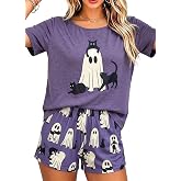 UNIQUEONE Women Halloween Pajamas Ghost Short Sleeve Sleepwear Lounge Set | Soft, breathable stretch fabric, relaxed fit, perfect for sleeping, lounging, Halloween party, movie nights,fall evenings