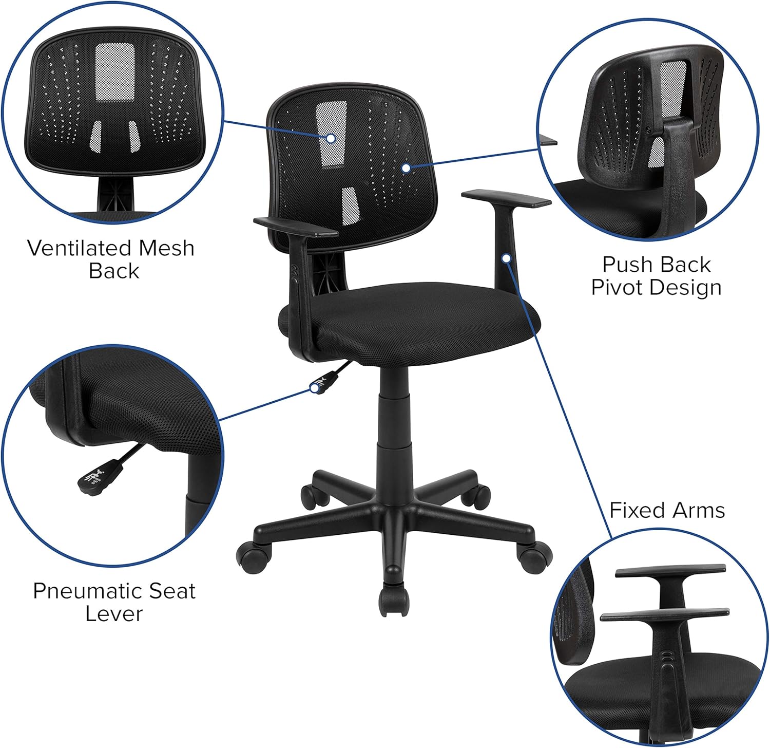 Flash Fundamentals Mid-Back Black Mesh Swivel Task Office Chair with Pivot Back and Arms: Furniture & Decor