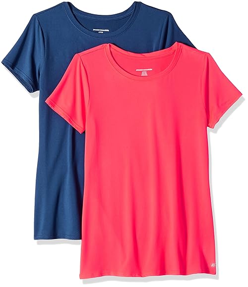 Amazon Essentials Women's Active Quick Dry Tech Stretch Short-Sleeve Crewneck T-Shirt (Available in Plus Size), Pack of 2, Bright Pink/Navy, Large