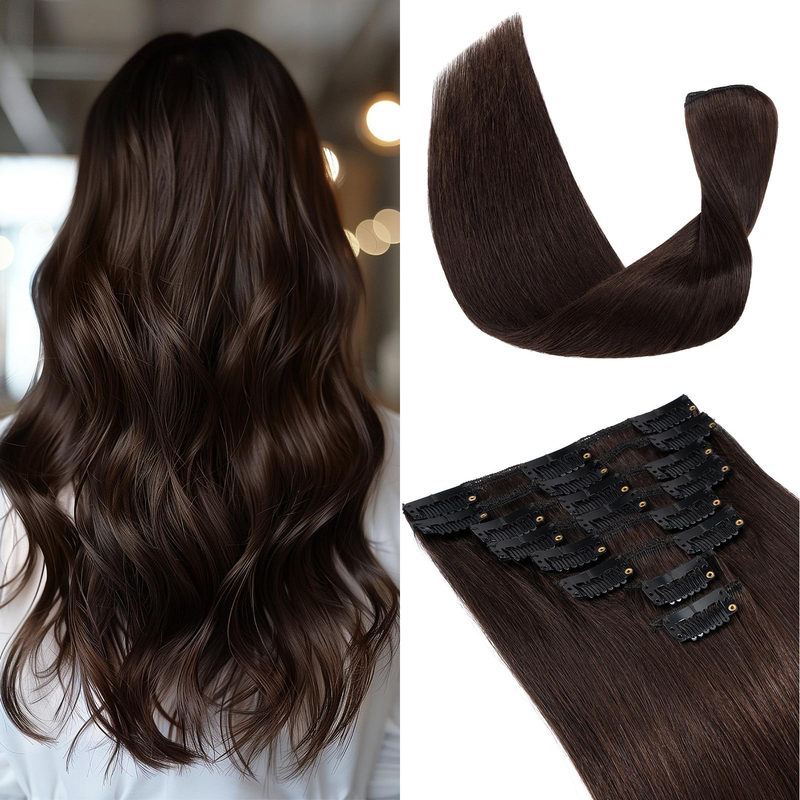 Elailite Clip in Hair Extensions Real Human Hair Invisible Thin Weft - 8 Pieces Full Head Remy Hair Straight - #2 Dark Brown - 12 Inch (55 g)