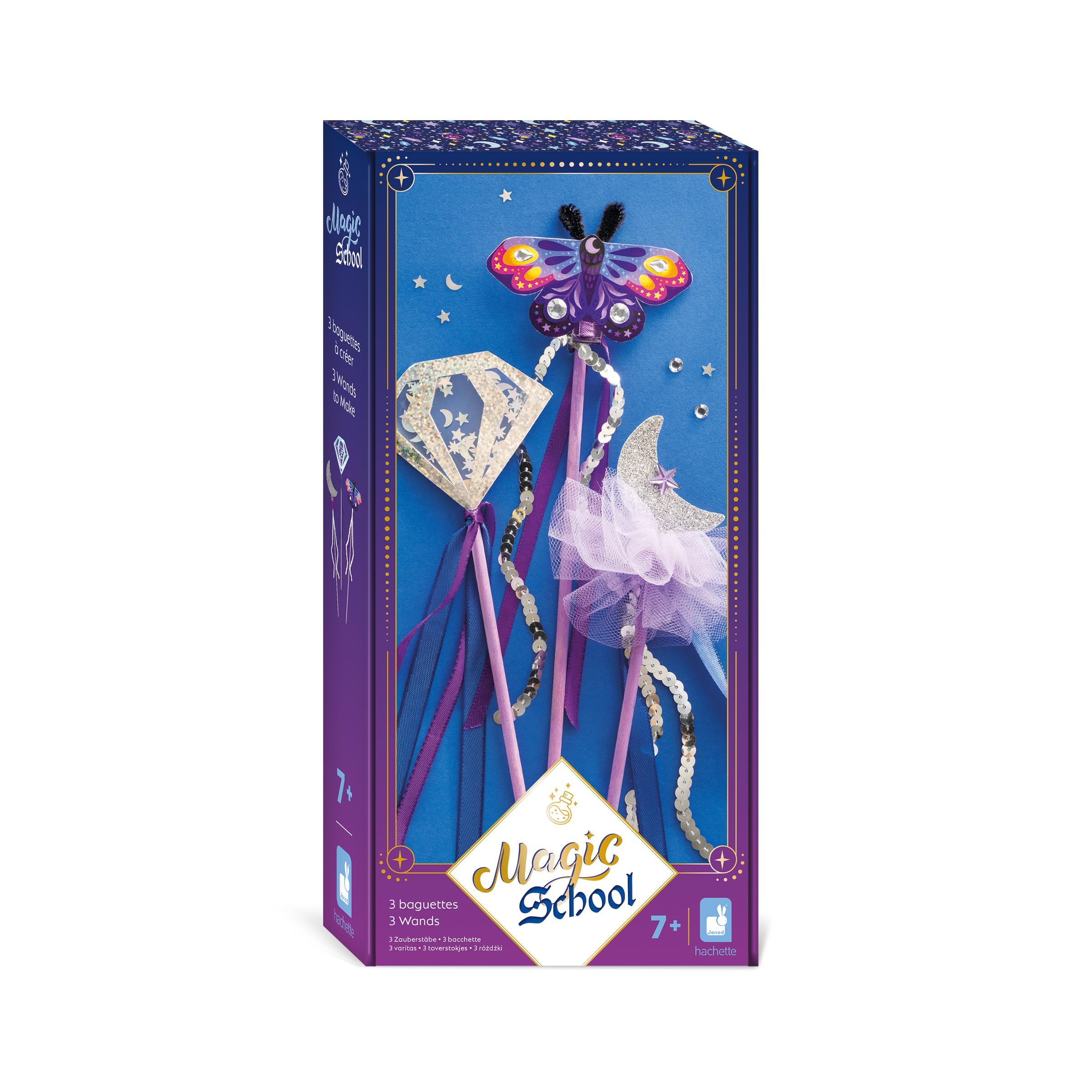 Janod - Magic School - 3 Create-Your-Own Magic Wands - Kids’ Craft Activity - Arts & Crafts Kit - With Ribbons, Sequins & Chenille Thread - Magic Universe - Set for Ages 7 +, J09136