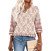 Lomon Womens 3/4 Sleeve V Neck Bohemian Blouses Casual Loose Fit Tunic Tops Vacation Clothes