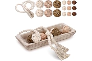 Teenyyou 17 Pcs Wooden Centerpiece Table Decorations Wood Dough Bowl Wicker Rattan Balls Beads String with Tassel Natural Decorative Tray Rustic Bowl Filler for Dining Room Kitchen(White)