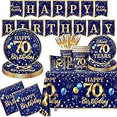 70th Birthday Decoration Men-142pcs Navy Blue and Gold Birthday Tableware Set(Serve for 20) Include Happy 70th Birthday Banner Plates Cups Napkins Tablecloth for Men 70th Birthday Party Supplies(70)