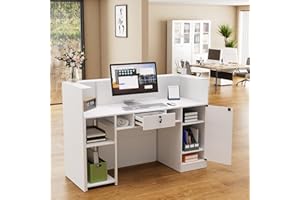 PAKASEPT Modern Reception Desk with LED Lights, 63 Inches Front Counter Table with Lockable Drawer & Shelves, Checkout Counter for Reception Room, Lobby, Beauty Salon, Retail,Office