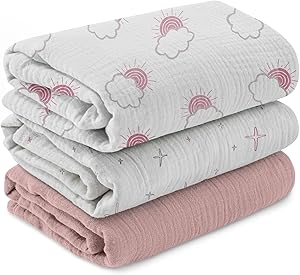 Soarwg Kids Musselin Pucktücher für Neugeborene, 3er-Set Babydecken 95 x 100 cm – Weiche Baby Swaddle Decke, Spucktücher, Wickeltuch – Perfekt für Babyparty,Sonnenlicht