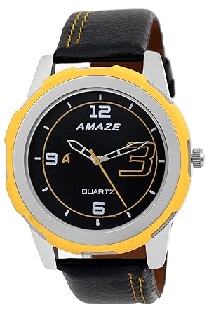 Analog Yellow Dial Black Leather Strap Men Watch-015