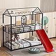 Bellemave Twin Over Twin Bunk Bed with Slide and Ladder, House Bunk Bed with Full Length Guardrail, Side Shelf and Slats, Red