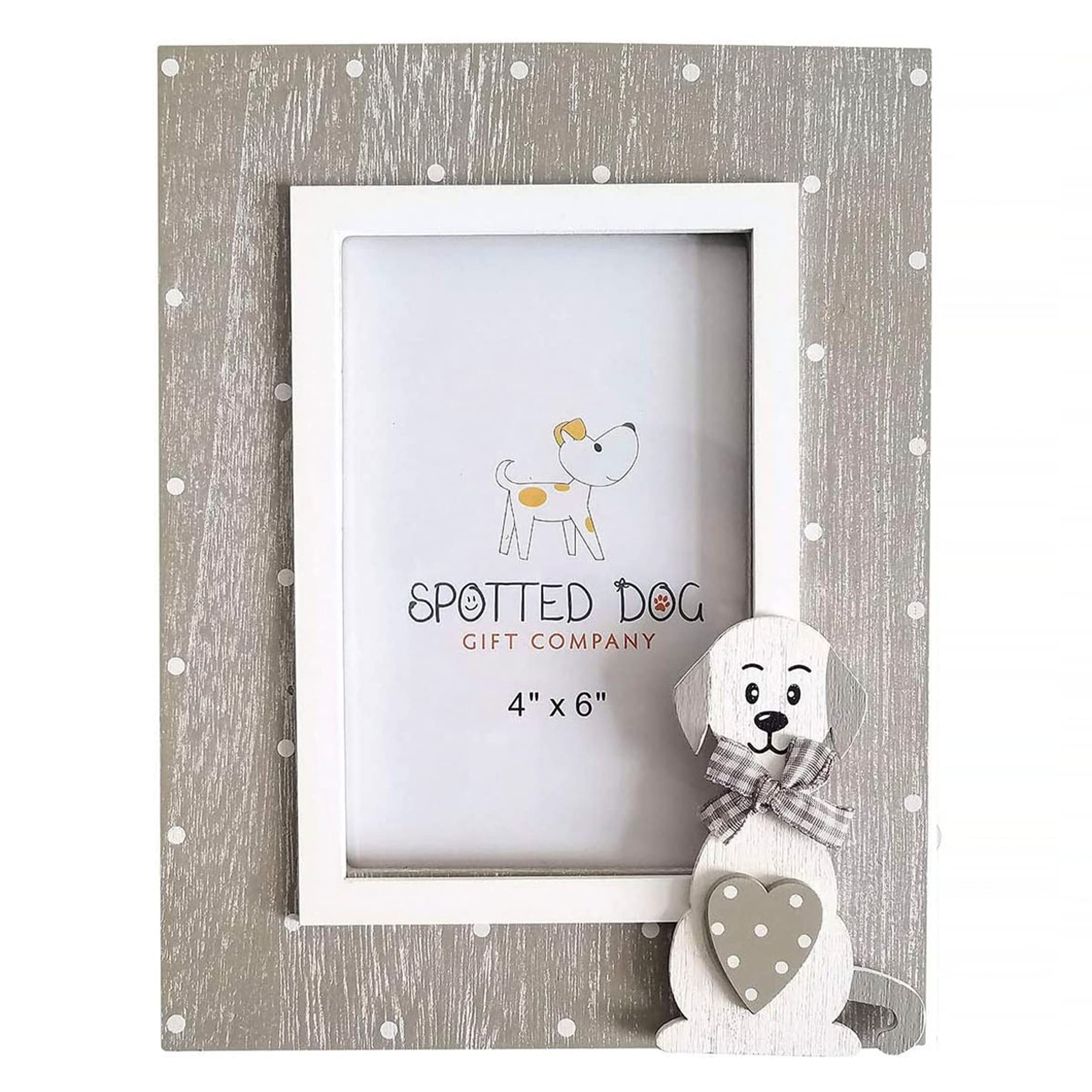 SPOTTED DOG GIFT COMPANY Dog Photo Frame, Wooden 4 x 6 Picture Frame for Wall Hanging or Tabletop Display, Cute Home Room Decor, Gifts for Dog Lovers & Pet Owners, Portrait - White Grey