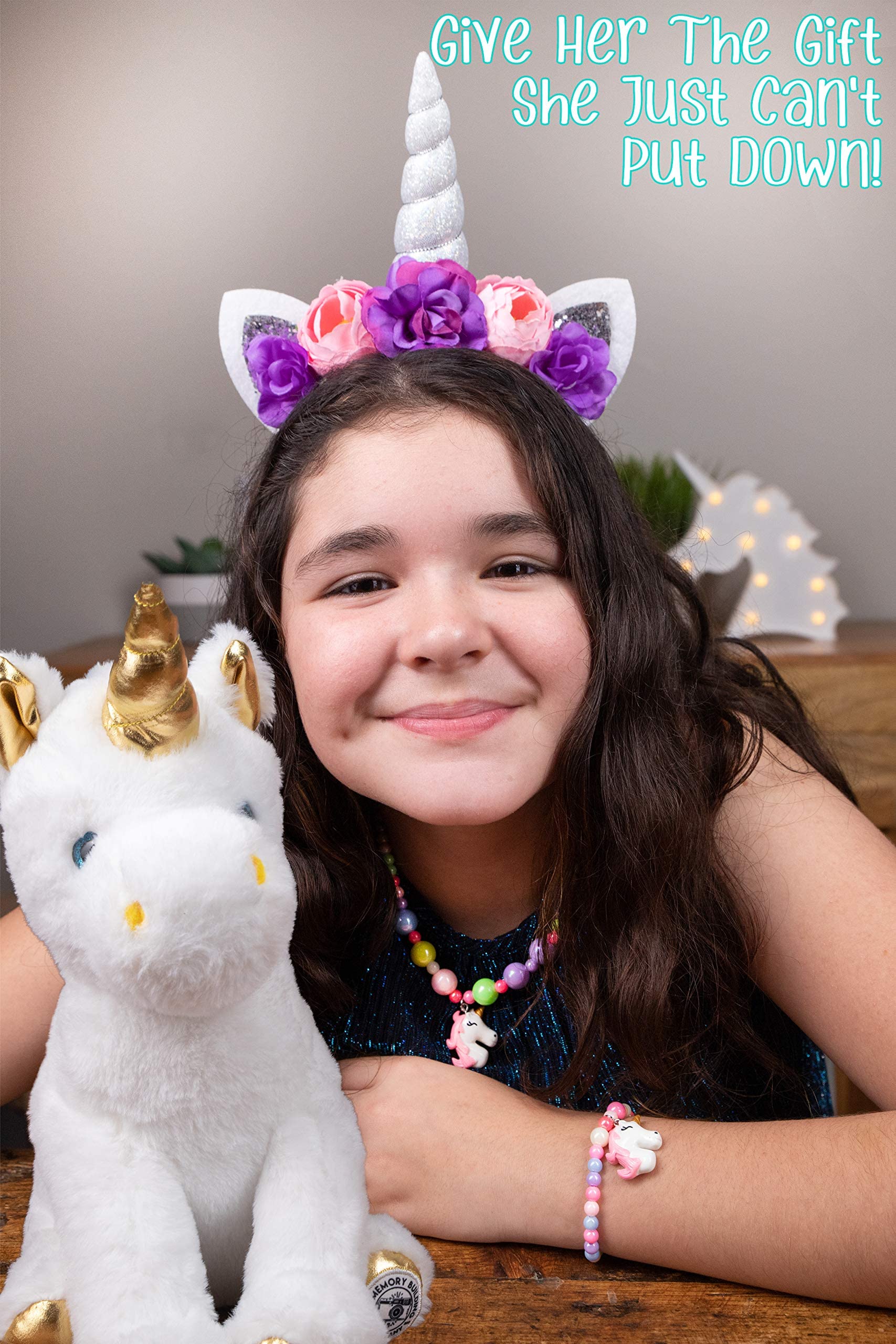 The Memory Building Company Kids Toys - Large Unicorn Surprise Box for Girls and Boys w/Unicorn Plush, Coloring Book and Markers, Jewelry and Horn Headband - Awesome Gift for Girls Age 6 & Up