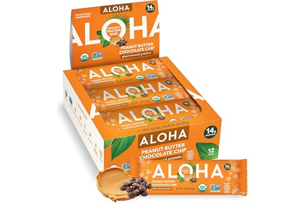 ALOHA Organic Plant Based Protein Bars |Peanut Butter Chocolate Chip | 1.98 Oz (Pack of 12) | Vegan, Low Sugar, Gluten Free, Paleo, Low Carb, Non-GMO, Stevia Free, Soy Free, No Sugar Alcohols