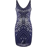 Vijiv Women's 1920s V-Neck Art Deco Sequin Beaded Tank Cocktail Flapper Dress