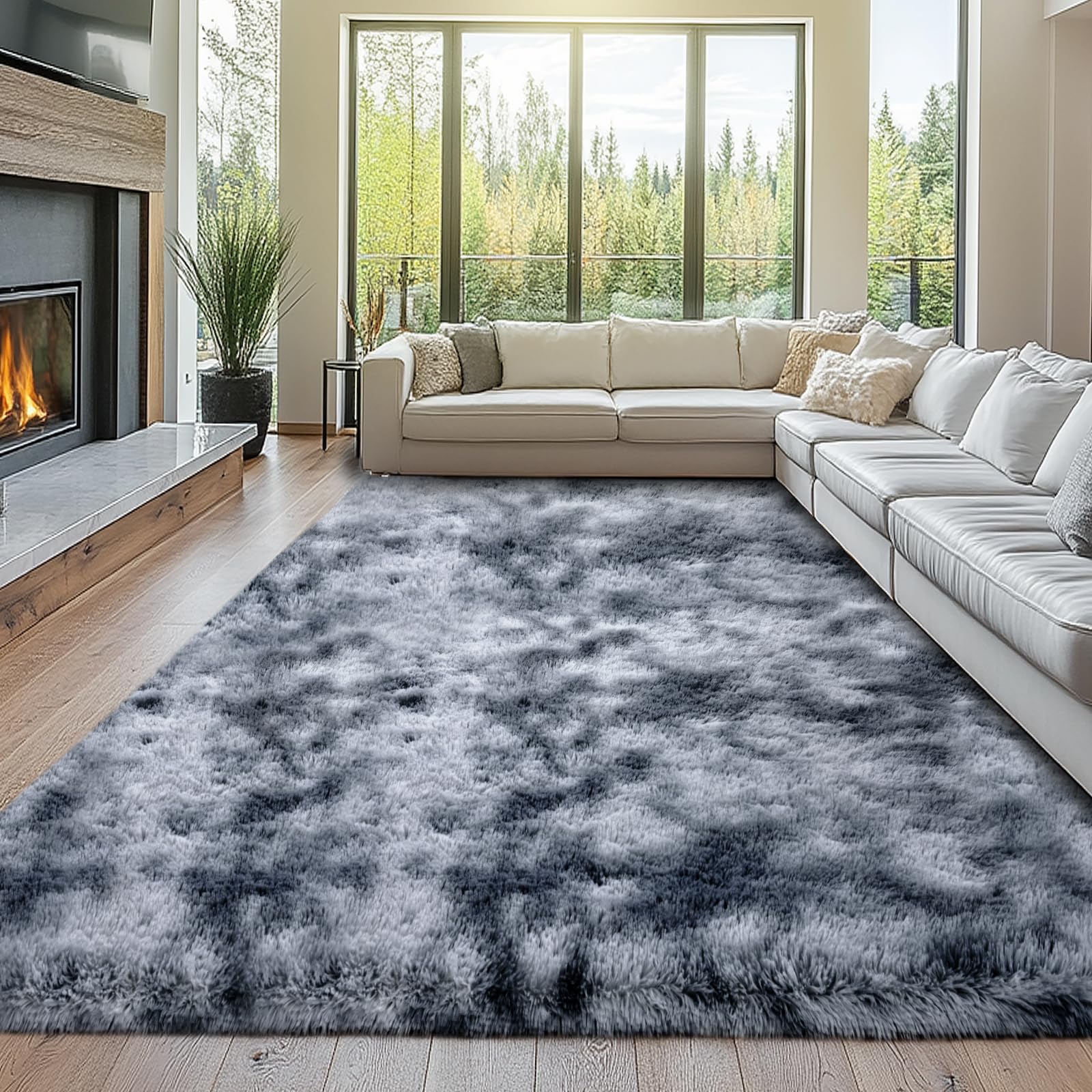 Photo 1 of 10x12 Living Room Rugs Area Rugs: Large Tie-Dyed Dark Grey Shag Area Rugs for Living Room- 10x12 Big Shaggy Rugs- Tie-Dyed Dark Gray Soft Indoor Carpets for Bedroom, 10x12Feet
