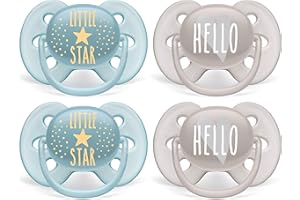 Philips AVENT Ultra Soft Pacifier, 6-18 Months, Little Star and Hello Designs, 4 Pack, Blue/Grey SCF223/41