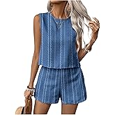 MakeMeChic Women's 2 Piece Outfits Striped Crew Neck Tank Top and Wide Leg Shorts Set