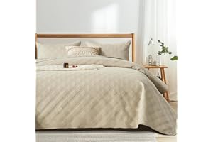 inron Quilt Set King Size, Beige Microfiber Ultrasonic Cal King Bedspreads, Lightweight Breathable Coverlet, Modern Geometric Pattern Thin Bedding Set for All Season (1 Quilt, 2 Pillow Shams)
