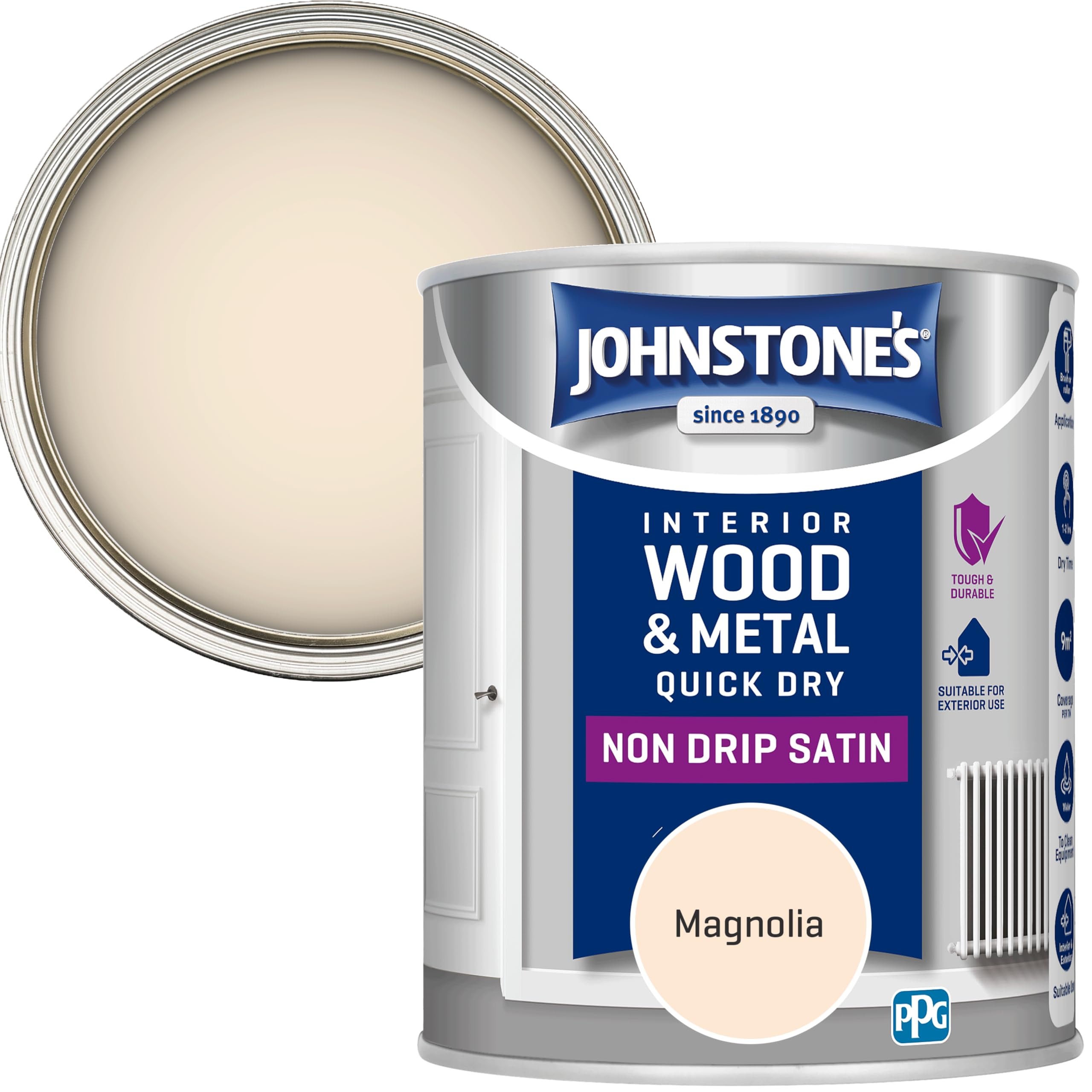 Johnstone's - Wood & Metal Paint - Satin Finish - Magnolia - 750ml - Water Based - Non Drip & Quick Drying - Radiator Paint - Low Odour - Dry in 1-2 Hours - 8m2 Coverage per Litre
