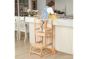 JPMKPD Toddler Tower, Kids Kitchen Step Stool with Safety Rails, Toddler Standing Tower Adjustable Height, Wooden Kitchen Stool for Kids, for Living Room Countertops and Bathroom Sinks(Natural)