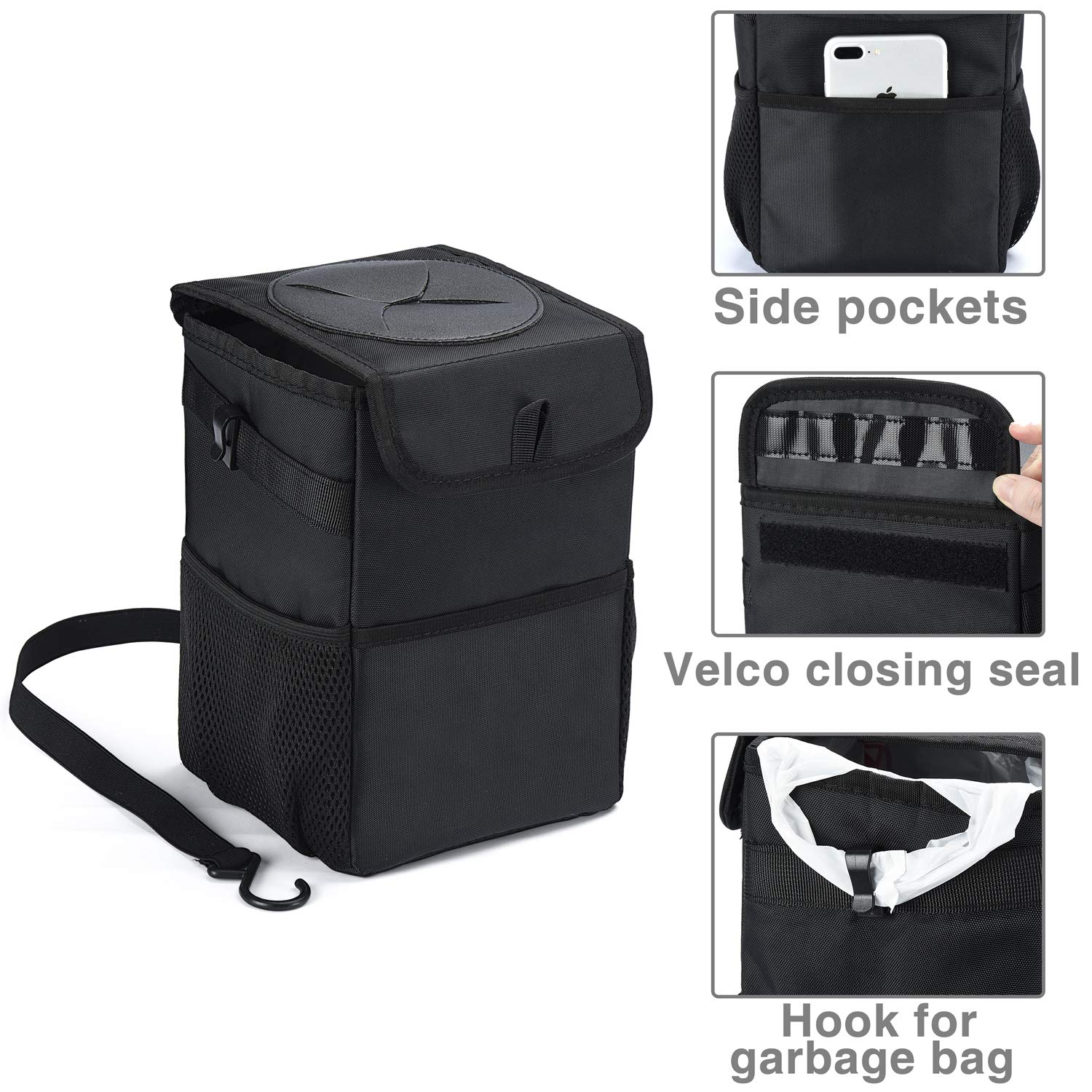 HOUSE DAY Car Trash Can with Lid and Storage Pockets, 100% Leak-Proof Car Organizer, Waterproof Car Garbage Can, Multipurpose Trash Bin for Car - Black 2.4 Gallons