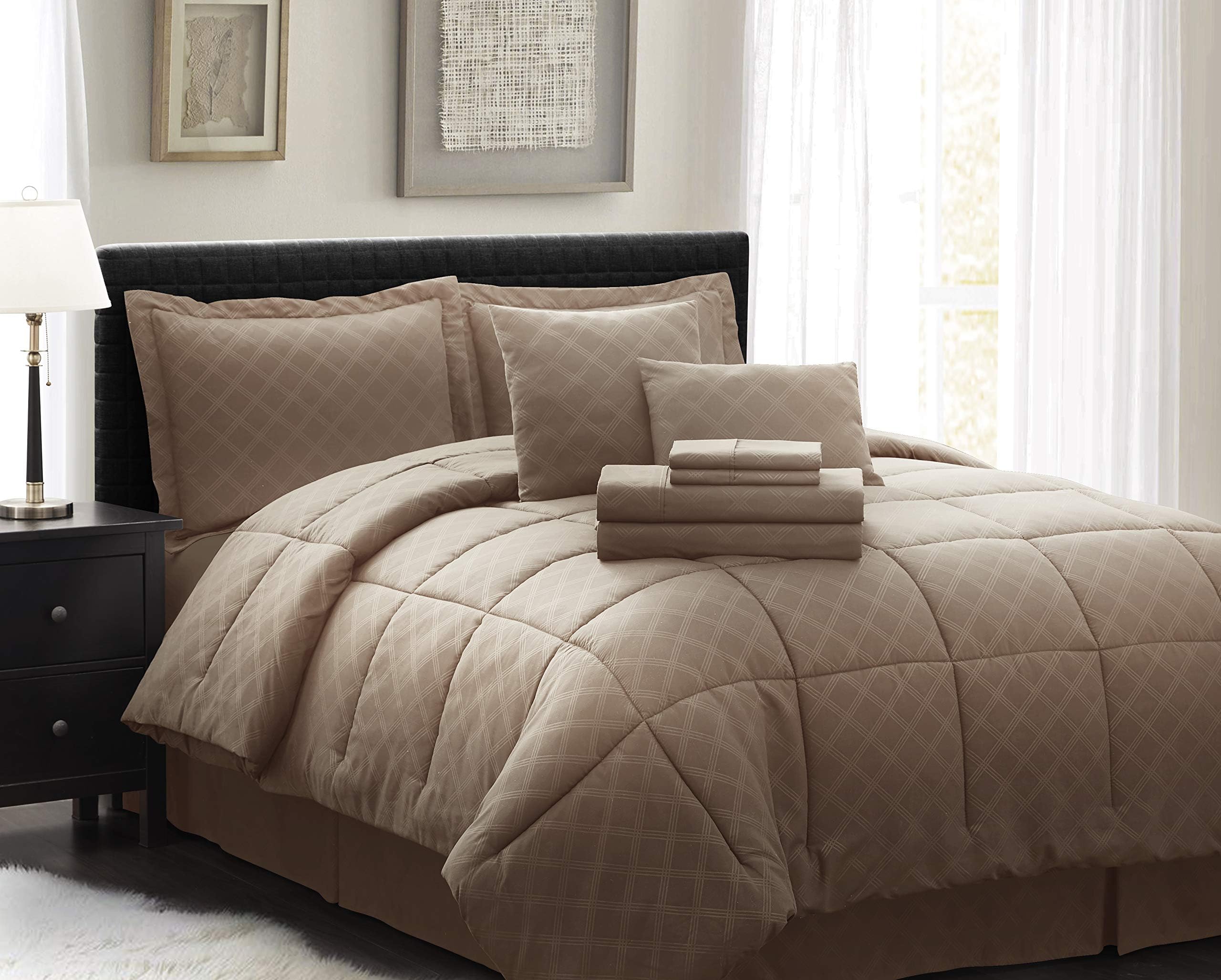Spirit Linen Home Comforter 8 Piece Comfy Sleep Wellness Bed in A Bag Complete Bedding Set with Bed Sheet Set (Taupe, Twin)
