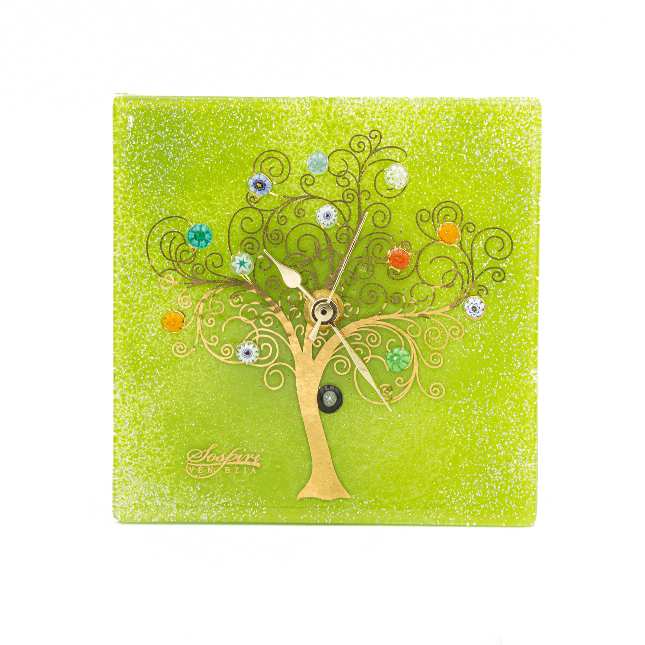 Sospiri Venezia Table Clock Murano Glass Silent Mechanism Decorated with Murrines and Gold Leaf Gift Handmade Made in Italy (19x19)