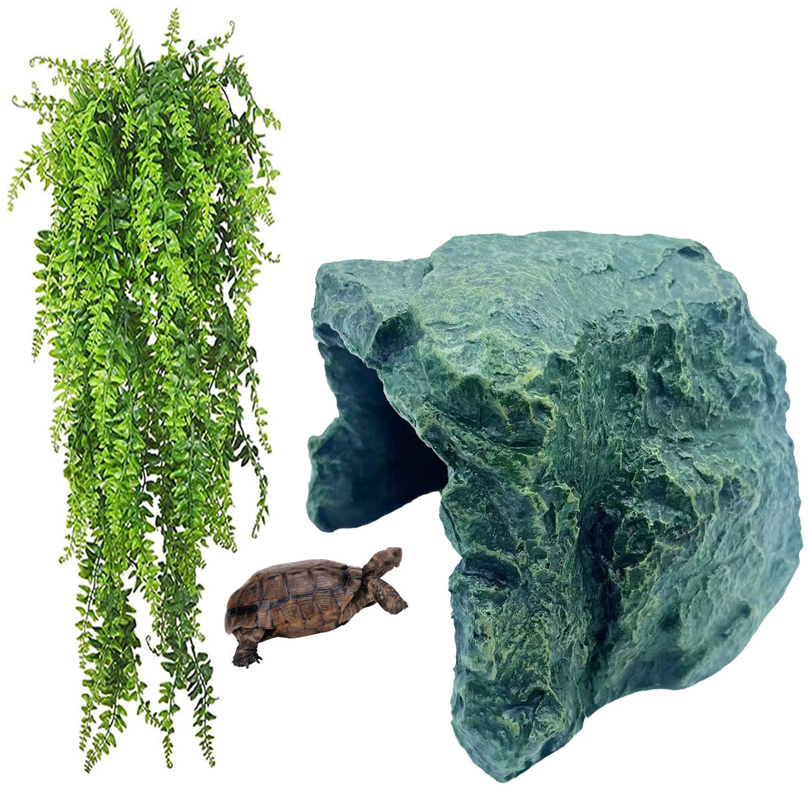 Photo 1 of kathson Reptile Rock Hideout Cave,Tortoise Hide Caves,Resin Hides Shelter,Reptile Green Plant Decoration Habitat Decor Terrarium Accessories for Lizards Bearded Dragon Gecko Turtles Spiders