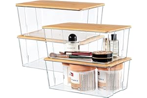 Hudgan 4 Pack Clear Plastic Storage Bins with Bamboo Lids, Stackable Storage Containers for Organizing Medicine Cabinet Organizer, Craft Room, Bread Box