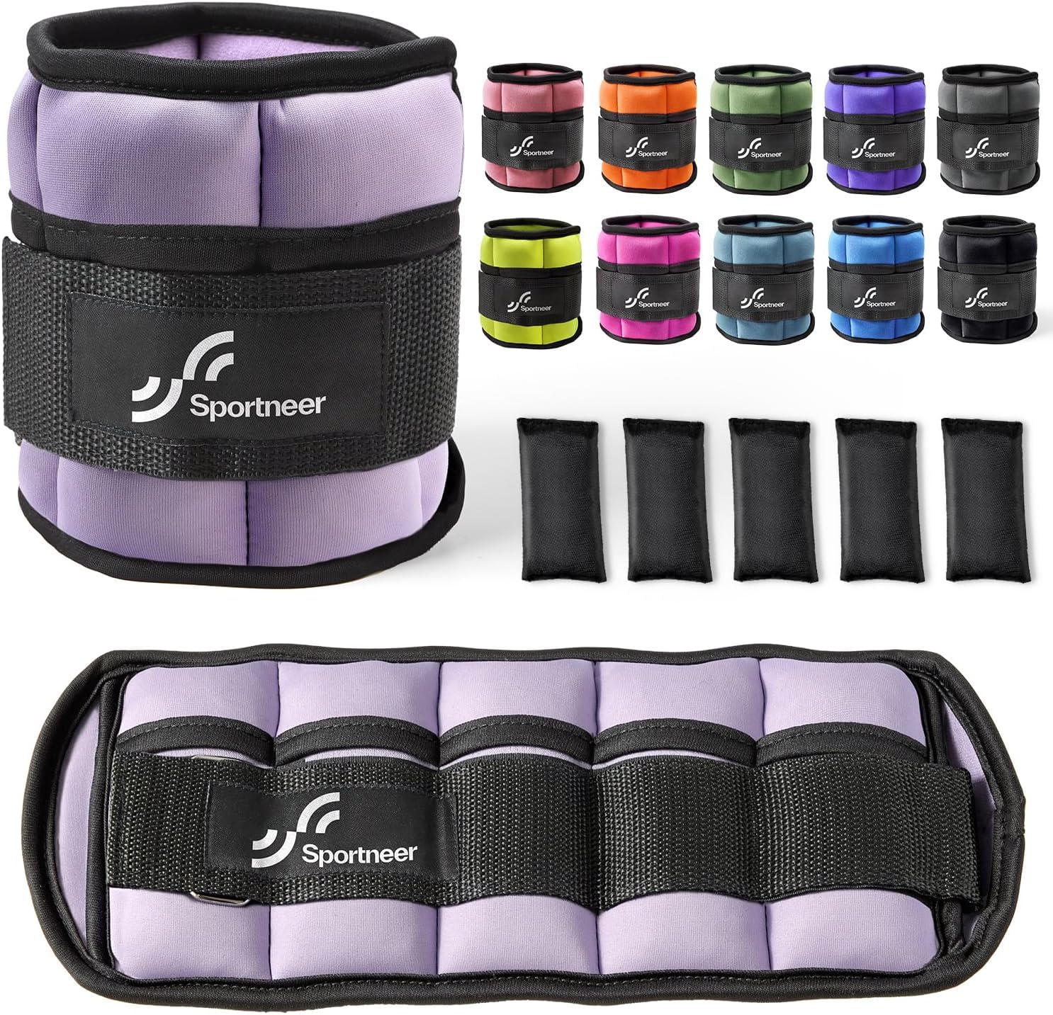 Sportneer Adjustable Ankle Weights Set, 0.45kg - 2.25kg Each, 0.9kg - 4.5kg a Pair, Light Purple & Black, Modern Style