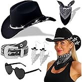 THDZS Cowboy Hat for Women Men with Sparkly Stars Brim & Rhinestone Belt and Heart Sunglasses Bandana Cowboy Hat Earrings
