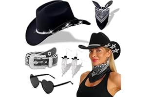 THDZS Cowboy Hat for Women Men with Sparkly Stars Brim & Rhinestone Belt and Heart Sunglasses Bandana Cowboy Hat Earrings