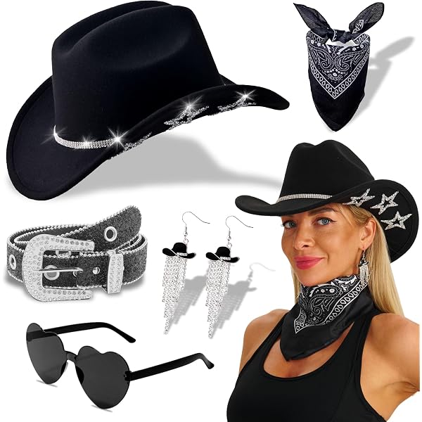 Cowboy Hat with Boot Earrings Set Felt Fedora Rhinestone Party Accessory Medium Amazon.com: Aswitnove 2 Pcs Cowboy Hat Rhinestone Cowgirl  main image 3