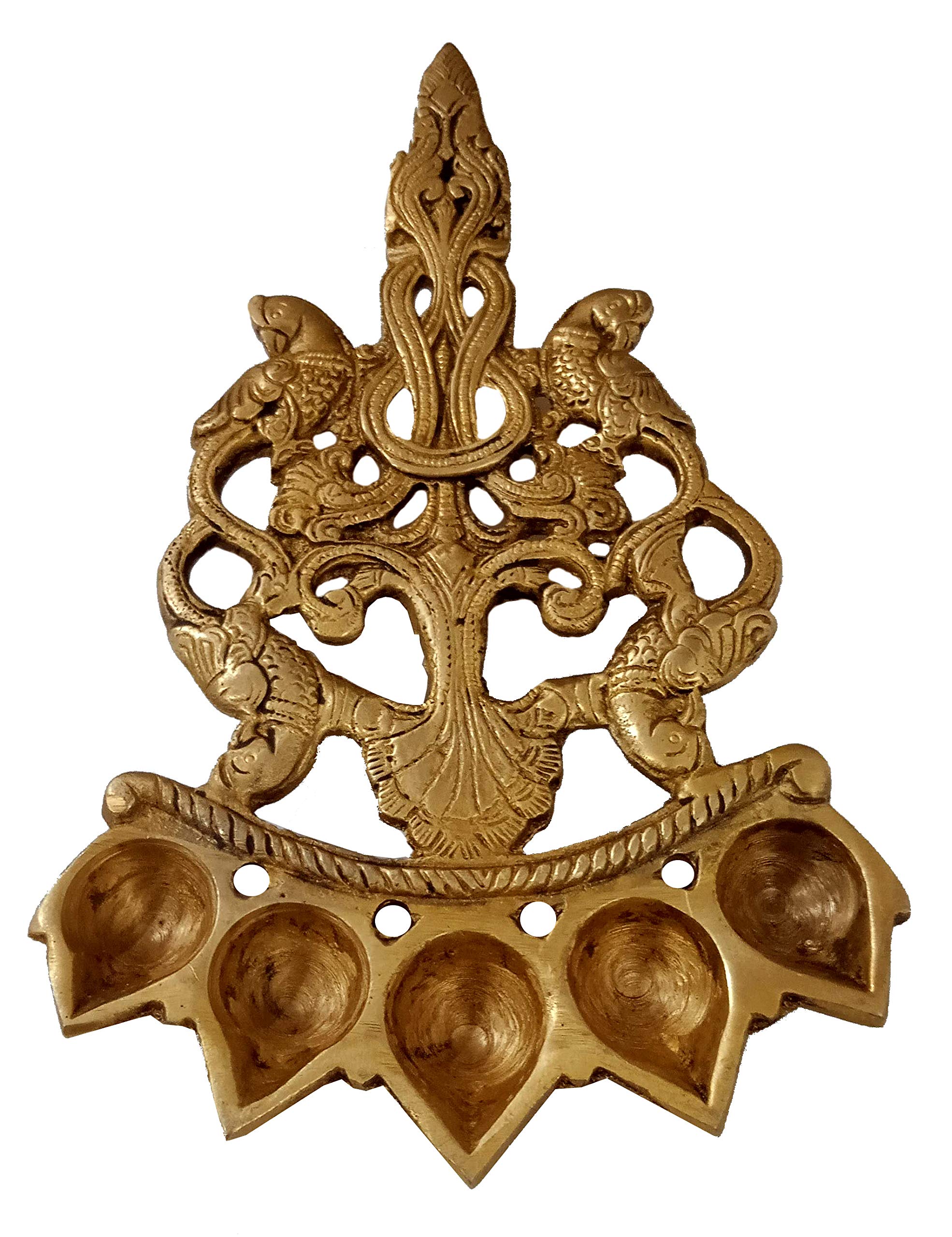 Purpledip Brass Pancha Deepam Oil Lamp: Unique 5 Lights Diya with Parrots; Vintage Hindu Temple Decor (11969)