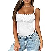 Saslax Women's Sexy Square Neck Lace Sleeveless Bodysuit Tank Tops Double Lined Body Suit Thong Outfits