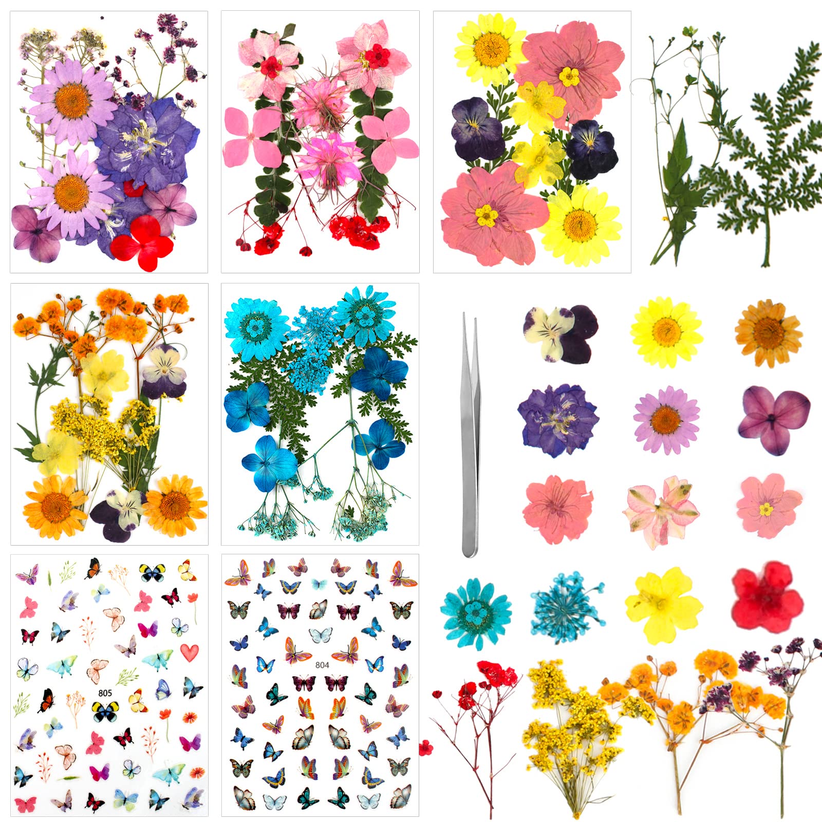 62 PCS Real Dried Pressed Flowers Natural Dried Pressed Flowers Leaves with Tweezers and Butterfly Stickers Colorful Real Dried Flower for Resin Crafts Candle Making Gift Card