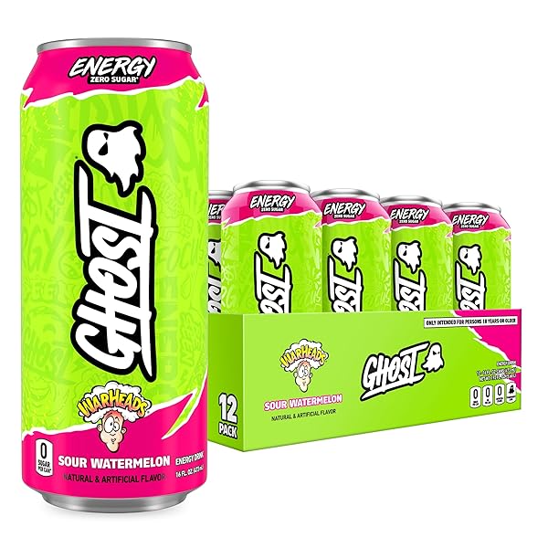 GHOST ENERGY DRINK – 12-PACK, WARHEADS SOUR WATERMELON, 16OZ – ENERGY & FOCUS & NO ARTIFICIAL COLORS – 200MG OF NATURAL CAFFEINE, L-CARNITINE & TAURINE – GLUTEN-FREE & VEGAN