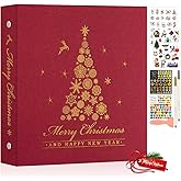 Lanpn Christmas Self Adhesive Photo Album Scrapbook, Linen Cover Christmas Tree Pattern DIY Sticky Magnetic Pages holds 4x6 5x7 A5 Picture for Xmas Holiday (Small-30 Sheets/60 Pages, Red)