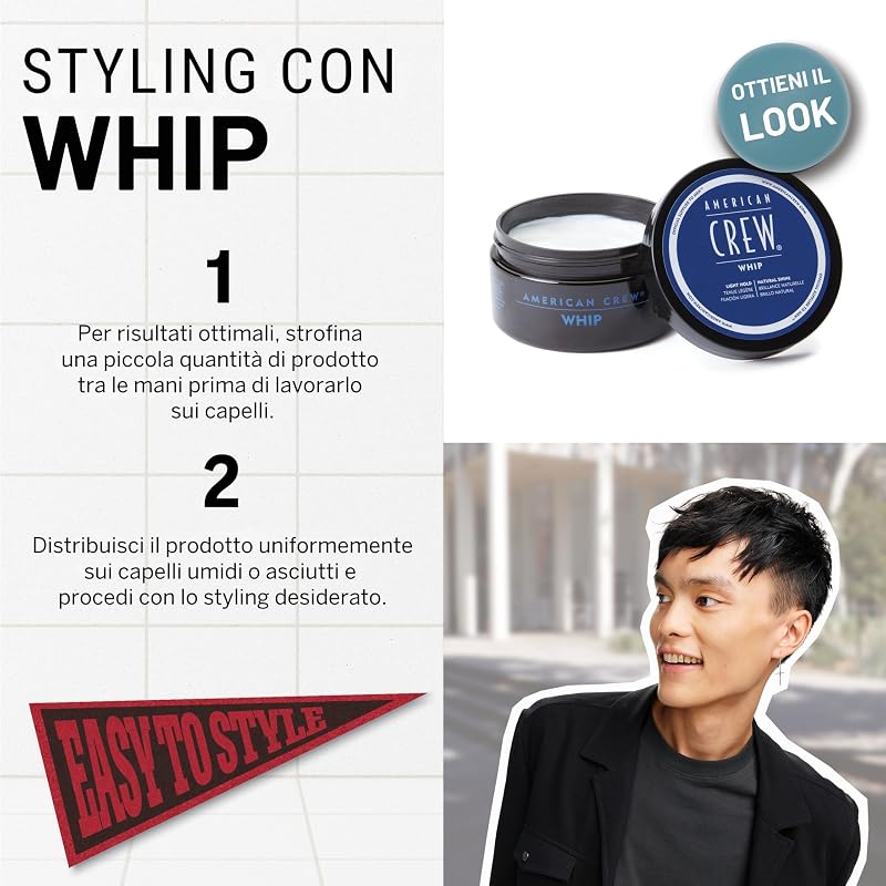 Whip, Cera Capelli Uomo, Tenuta Flessibile & Lucentezza Naturale, Dona Corpo & Volume ai Capelli, 85g