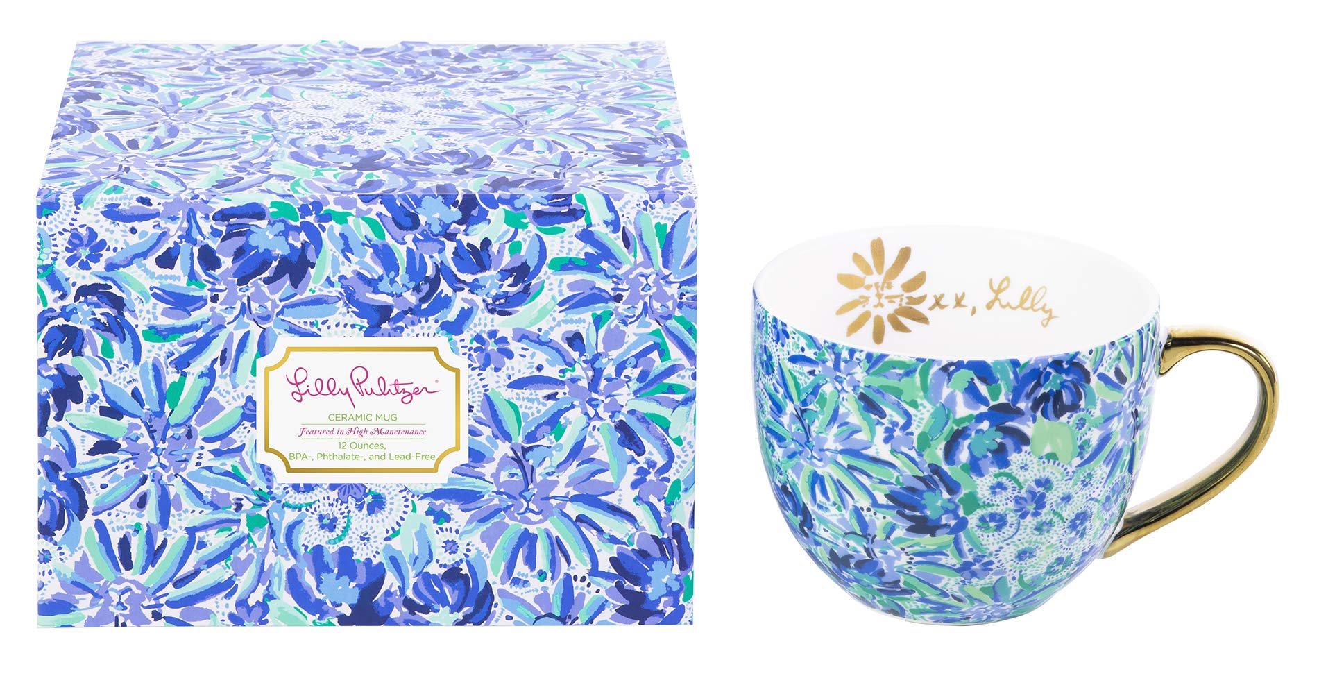 Photo 1 of Lilly Pulitzer 12 Ounce Blue Ceramic Coffee Mug or Tea Cup, Cute Mug with Gold Handle and Gift Box, High Manetenance