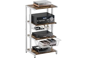Ardier Media Stand with Two Detachable Baskets, 4-Tier AV Media Stand Corner Shelf for DVD Players/Cable Boxes/Games Consoles, Audio Storage Rack for Living Room, Gaming Room, Music Studio, White