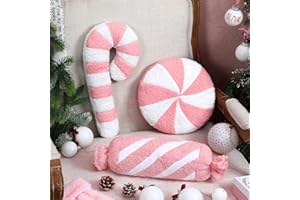 Anglechic 3 Pcs Christmas Pillows Decorative Throw Pillows Candy Merry Christmas Tree Stuffed Wool Soft Xmas Plush Cushion for Sofa Couch Bedroom Living Room(Pink)