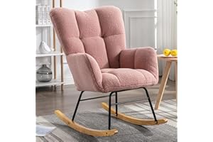 Sudwesto Modern Nursery Rocking Chair, Upholstered Glider Chair with High Backrest, Rocker Accent Armchair with Solid Wood Legs for Nursery Bedroom Living Room (Pink Teddy)