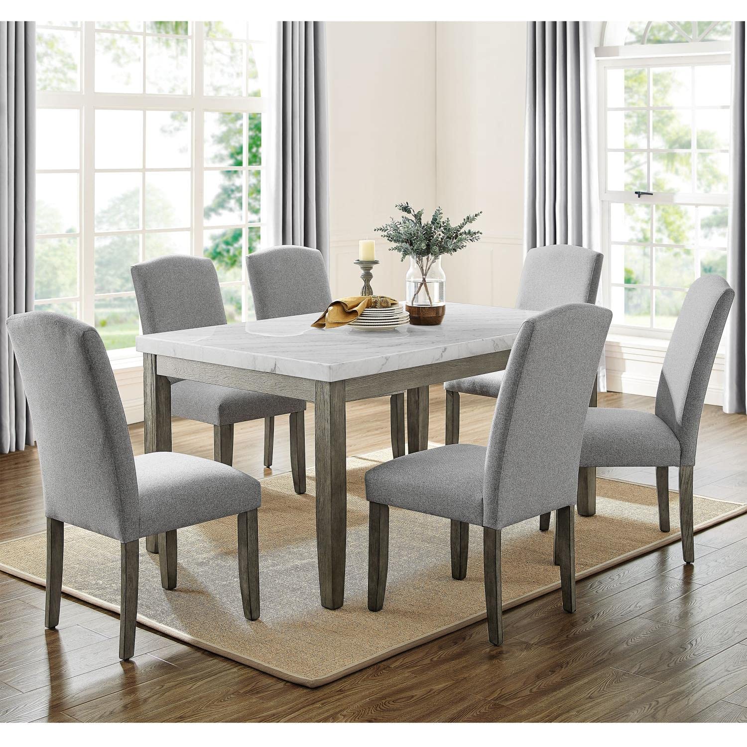 Photo 1 of Steve Silver Furniture Emily 7pc 60-Inch Marble Dining Table Set, Transitional Styling, Includes 1 Marble Table and 6 Upholstered Dining Side Chairs, Dining Room/Kitchen, 60" L x 38" W x 31" H, Grey
