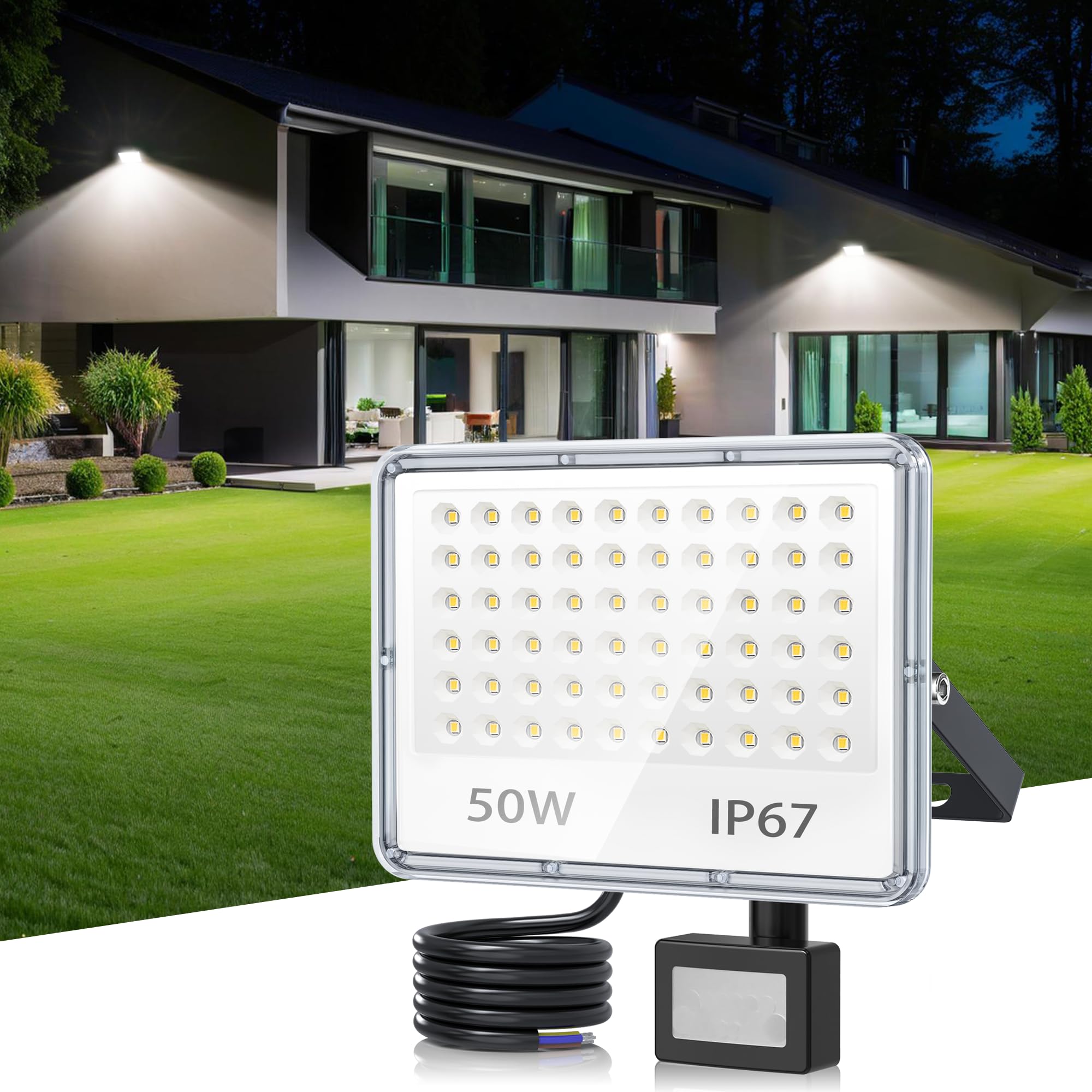 TASINUO 50W Security Lights Outdoor Motion Sensor, 5000 Lumen PIR Security Light 7000K LED Floodlight with PIR, IP67 Waterproof Motion Sensor Lights Outdoor for Garage Garden Hallway Backyard