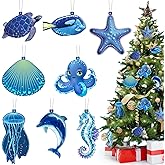 Outus 32 Pieces Wooden Christmas Ornaments Hanging Ocean Themed Hanging Ornaments Starfish Sea Turtle Jellyfish Seashells Hanging Ornaments Christmas Tree Wood Ornaments for Xmas Decor(Sea Animal)