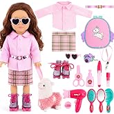 American 18 Inch Doll Accessories with Pet Alpaca, Doll Makeup Accessories, Hair Styling Tools, Backpack, Roller Skates, Camera, Sunglasses, 19 Pcs Pink Outfit Set for 18" Dolls (NO Doll)