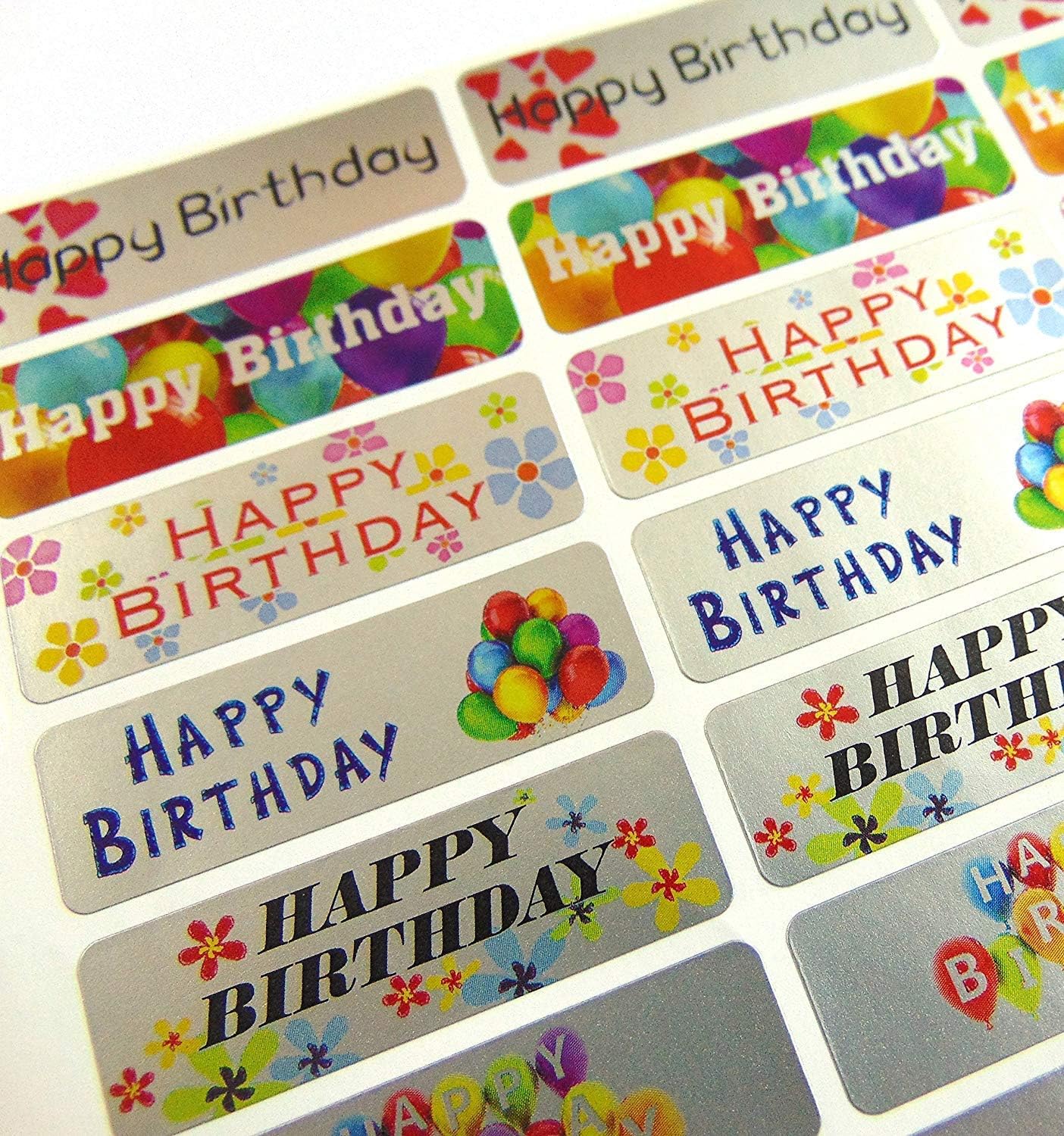 Happy Birthday Greeting Stickers, Silver SelfStick Labels for Cards