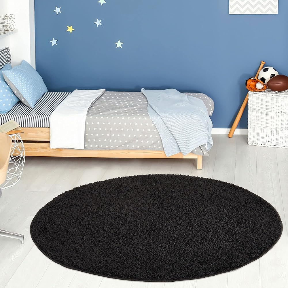 THE RUGS Living Room Round Shag Rug 120 cm Black 30 mm Thick 100% Polypropylene