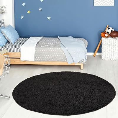THE RUGS Living Room Round Shag Rug 120 cm Black 30 mm Thick 100% Polypropylene